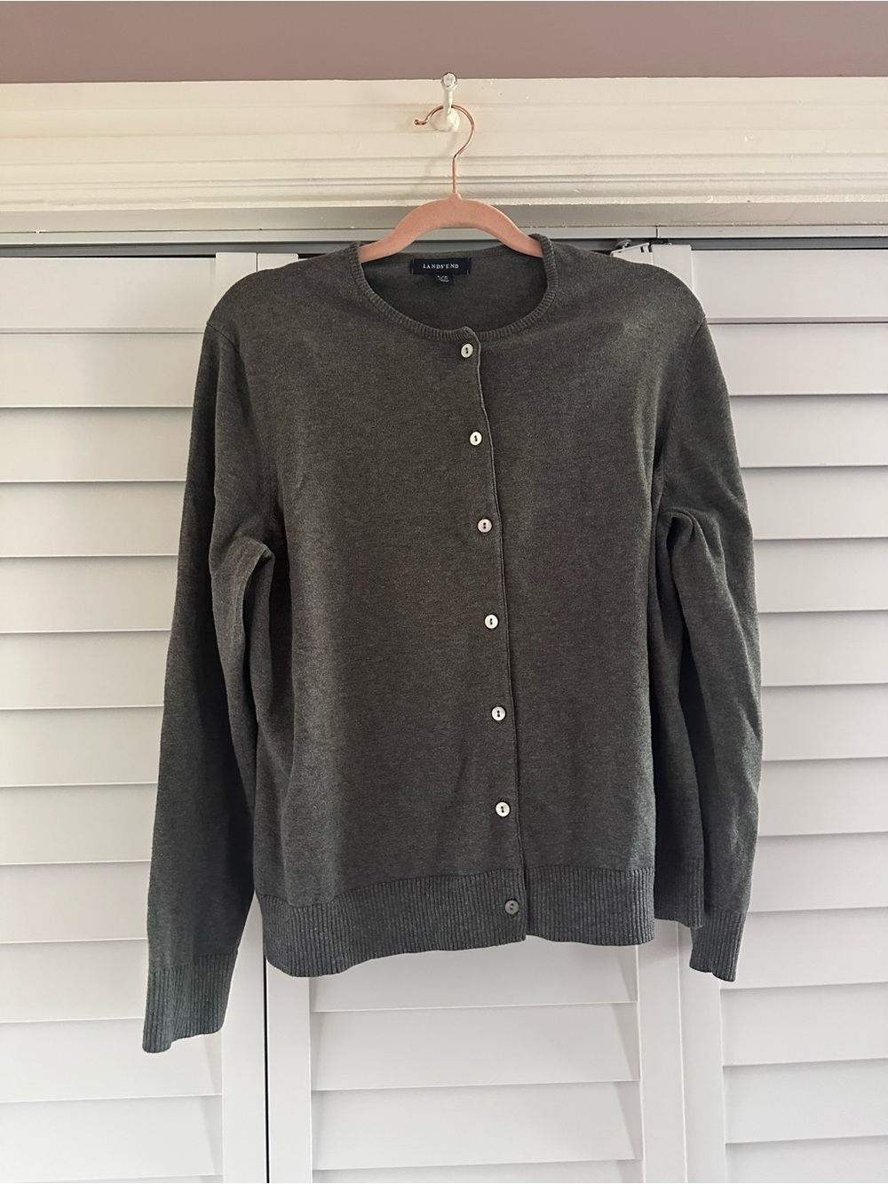 Lands' End Gray Button-Front Crewneck Cardigan